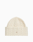 Tommy Hilfiger Enamel Flag Cable Beanie in Light Beige front view
