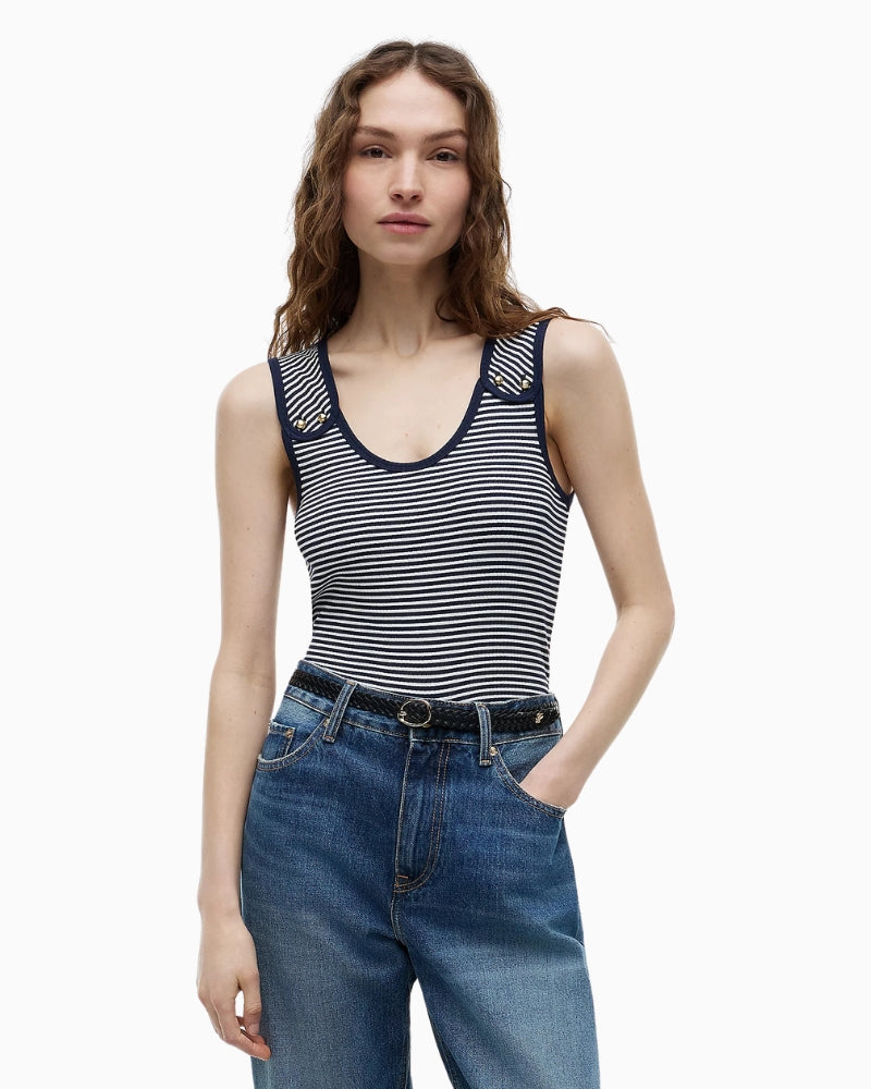 Tommy Hilfiger Gold-Tone Button Ribbed Tank Top in navy stripe neckline detail