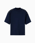 Tommy Hilfiger Gold Button High Neck T-Shirt in Navy front view
