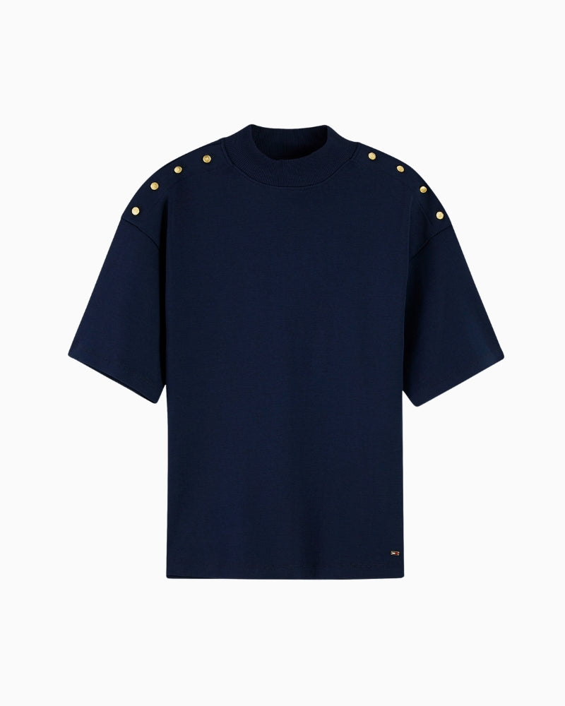 Tommy Hilfiger Gold Button High Neck T-Shirt in Navy front view