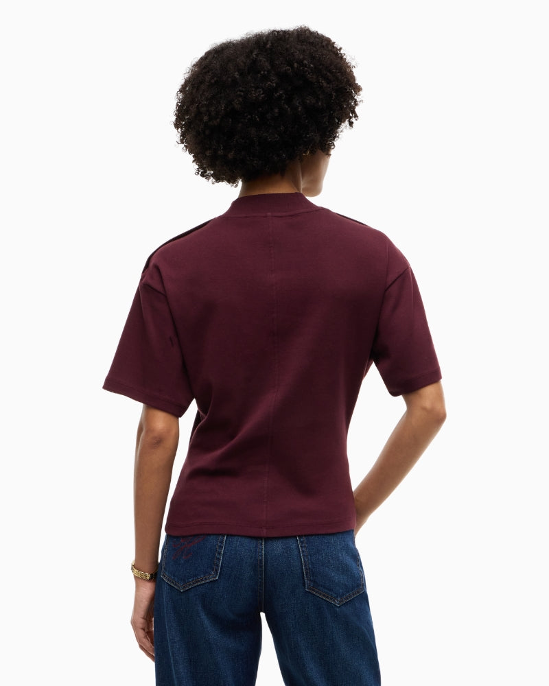 Tommy Hilfiger Gold Button High Neck Tee in Burgundy back view