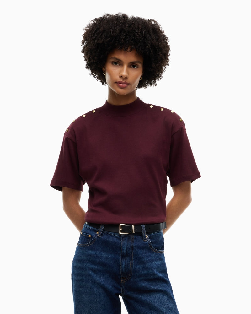 Tommy Hilfiger Gold Button High Neck Tee in Burgundy front view