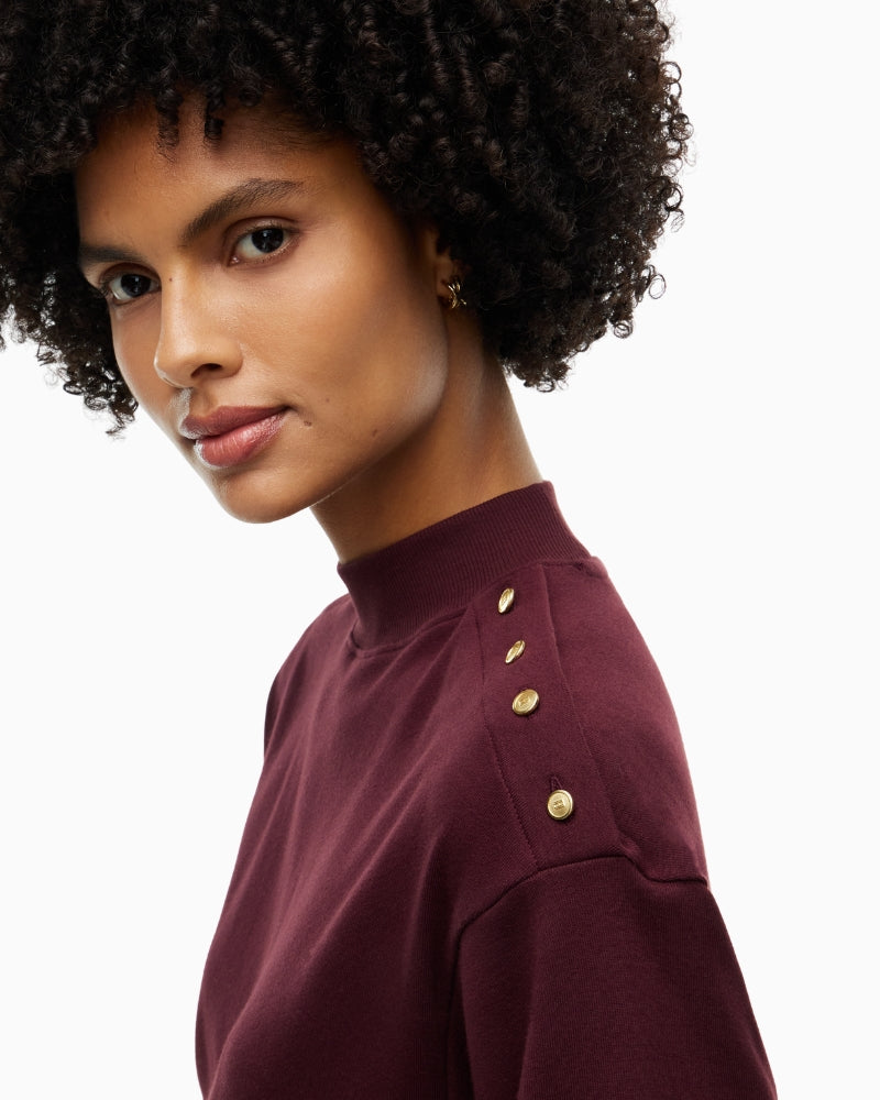 Tommy Hilfiger Gold Button High Neck Tee in Burgundy gold button detail