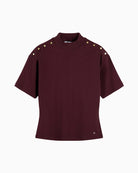 Tommy Hilfiger Gold Button High Neck Tee in Burgundy high fabric detail