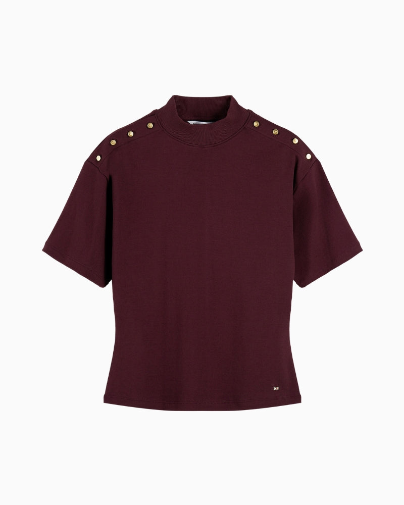 Tommy Hilfiger Gold Button High Neck Tee in Burgundy high fabric detail