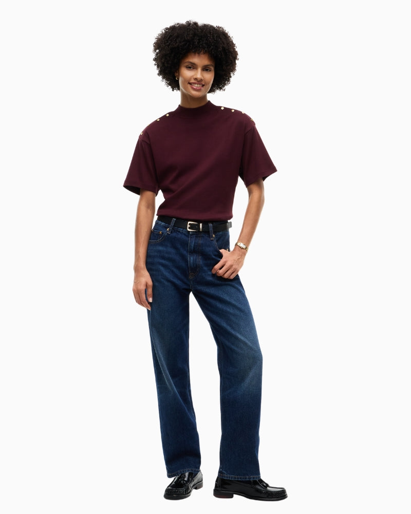 Tommy Hilfiger Gold Button High Neck Tee in Burgundy styled view
