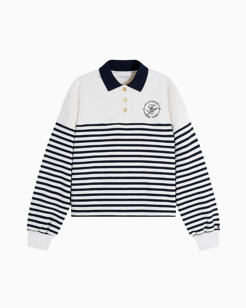 Tommy Hilfiger Gold Button Polo Sweatshirt in ecru navy collar detail