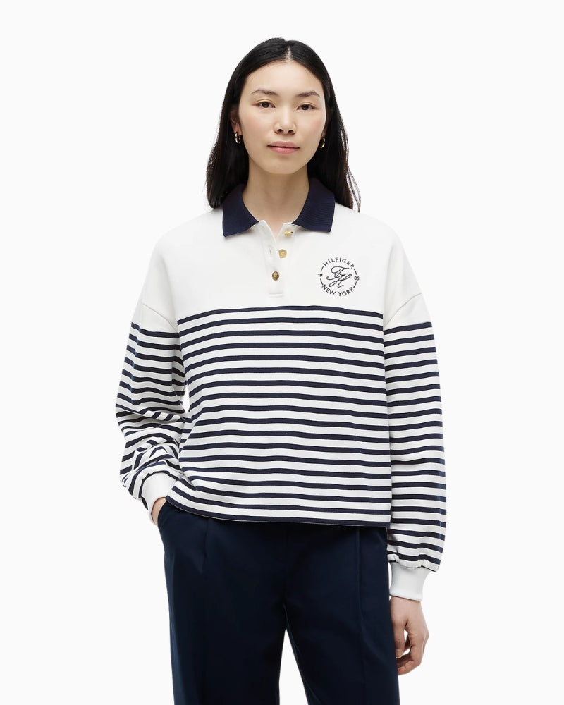 Tommy Hilfiger Gold Button Polo Sweatshirt in ecru navy front view