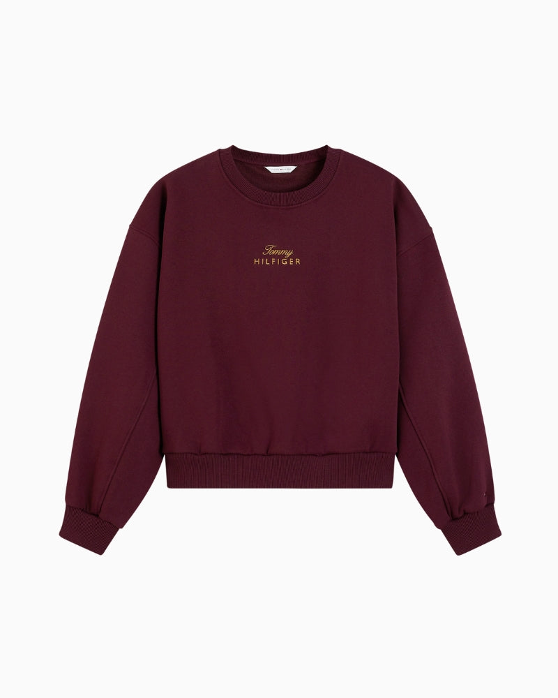 Tommy Hilfiger Gold Script Fleece Relax Sweater in Burgundy front view