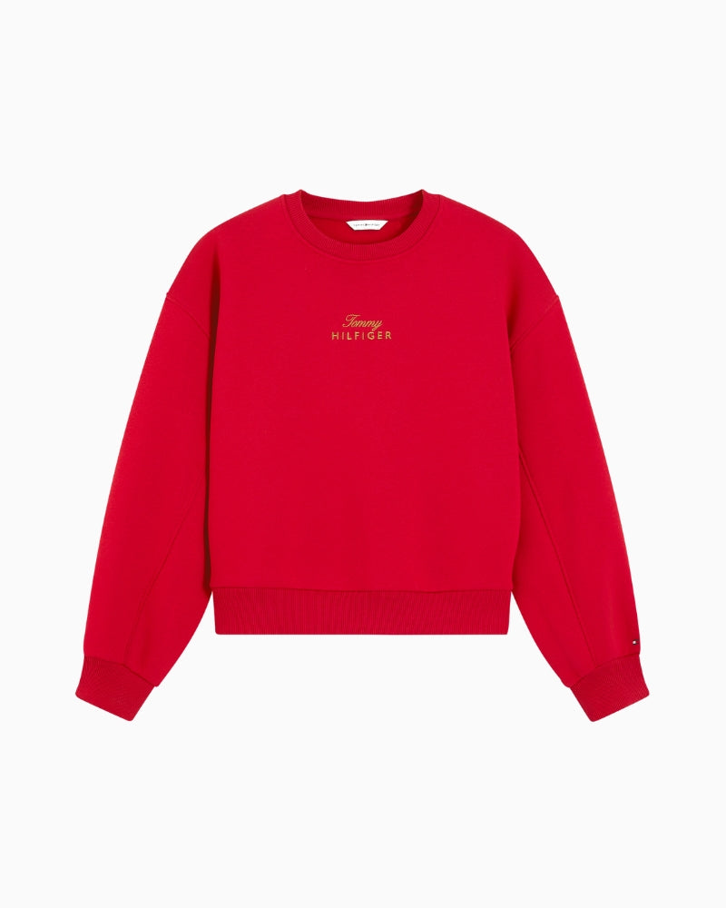 Tommy Hilfiger Gold Script Fleece Relax Sweater in Red front view