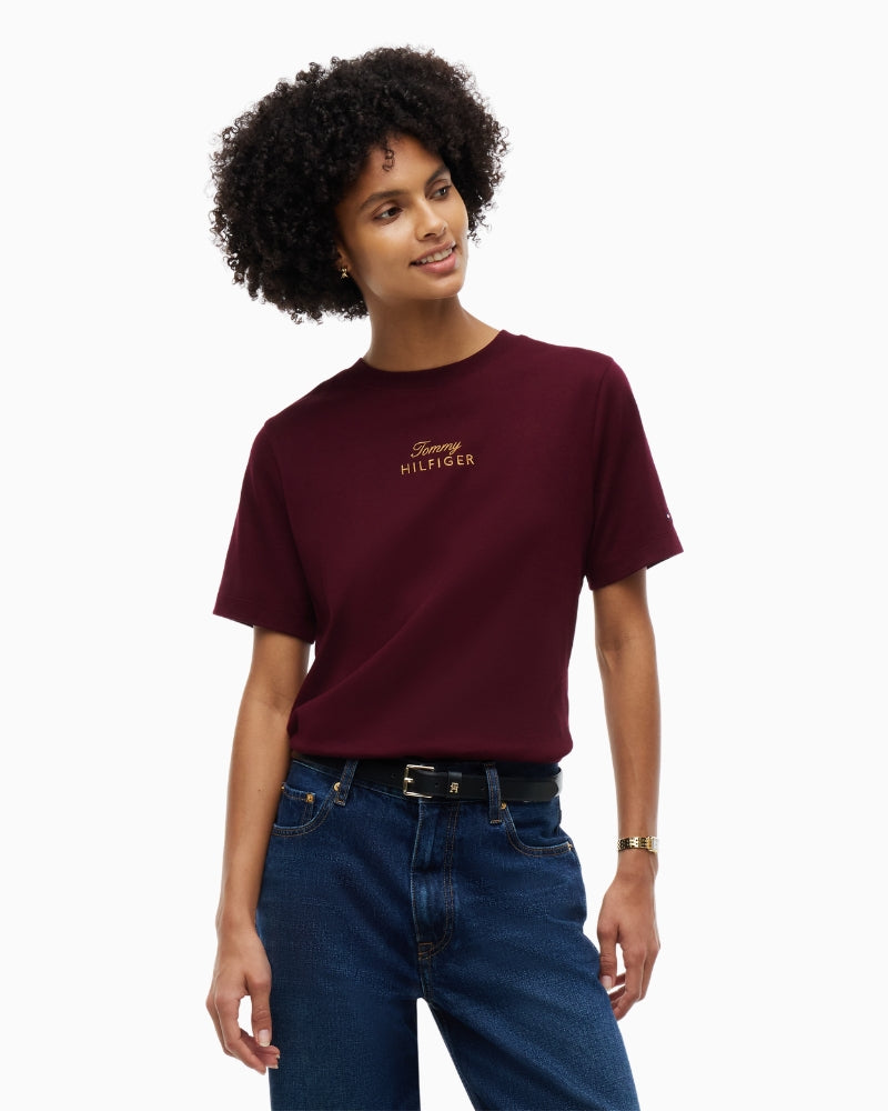 Tommy Hilfiger Gold Script Modern Tee in Burgundy front view