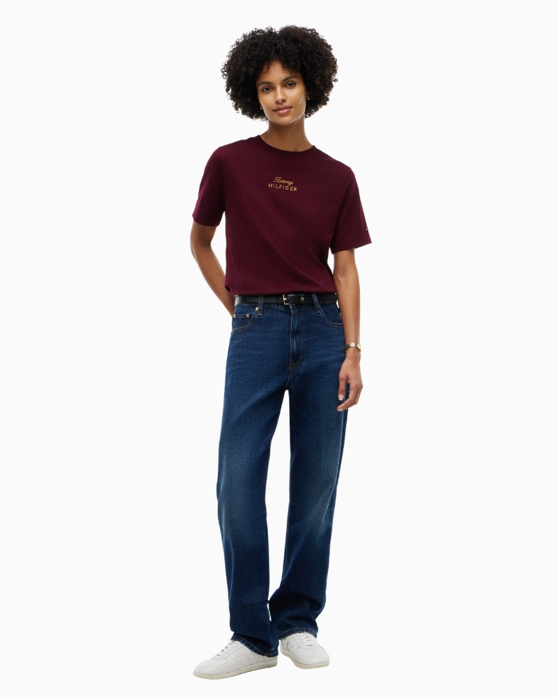 Tommy Hilfiger Gold Script Modern Tee in Burgundy styled view