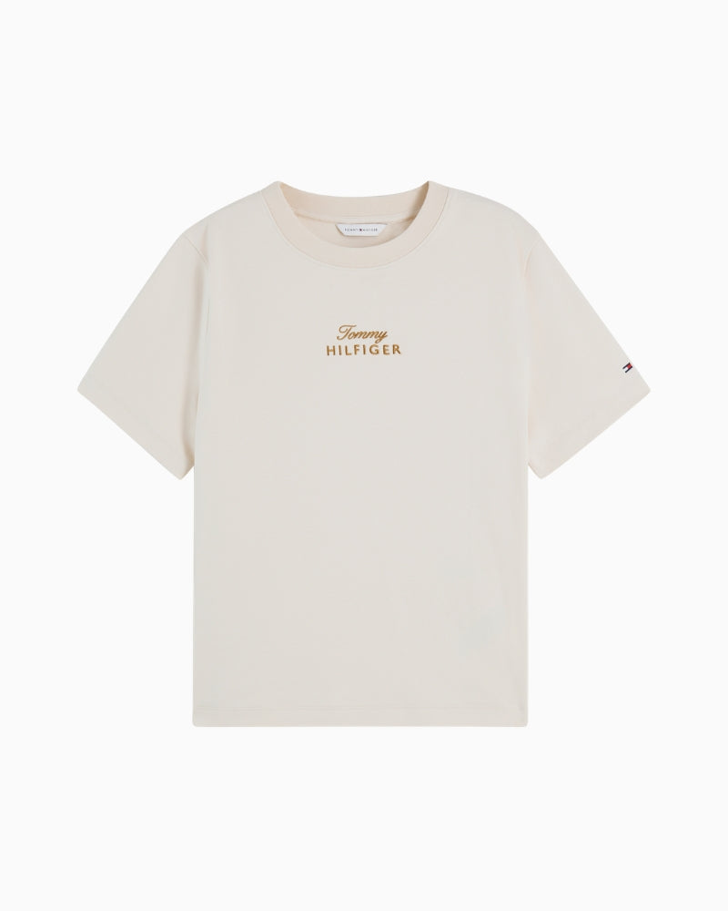 Tommy Hilfiger Gold Script Modern Tee in Light Beige fabric detail