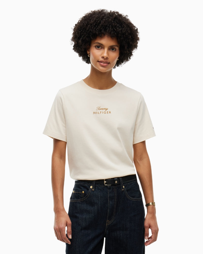 Tommy Hilfiger Gold Script Modern Tee in Light Beige front view