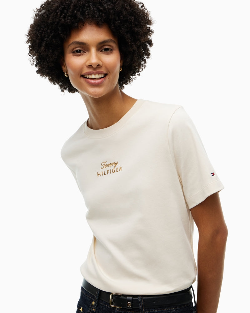 Tommy Hilfiger Gold Script Modern Tee in Light Beige neckline detail