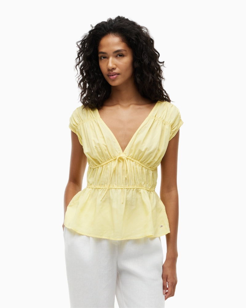 Tommy Hilfiger Linen Feminine Tie Top in yellow front view