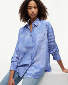 Tommy Hilfiger Oversized Stripe Poplin Shirt in Blue Stripe collar detail