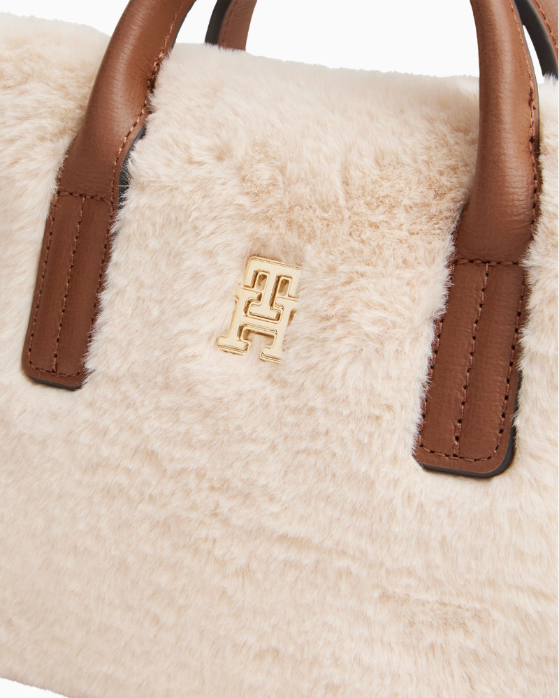 Tommy Hilfiger Popette Micro Tote Faux Fur in Beige faux fur texture detail