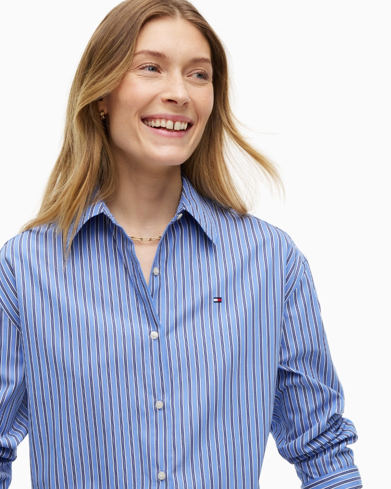 Tommy Hilfiger Poplin Drawstring Shirt in Blue Stripe collar detail