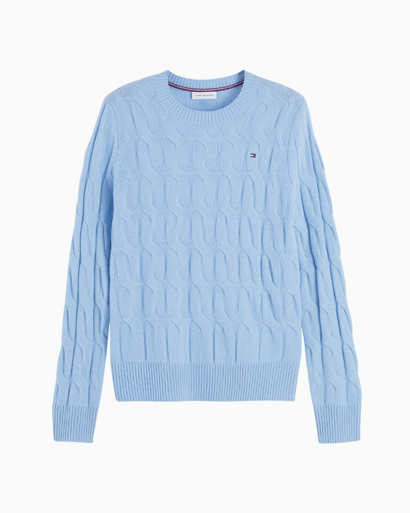 Tommy Hilfiger Pure Soft Wool Cable Knit Jumper in Light Blue cable knit detail