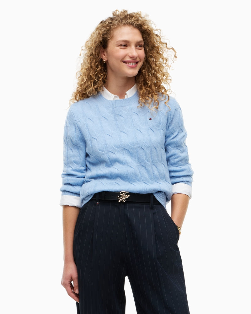 Tommy Hilfiger Pure Soft Wool Cable Knit Jumper in Light Blue front view
