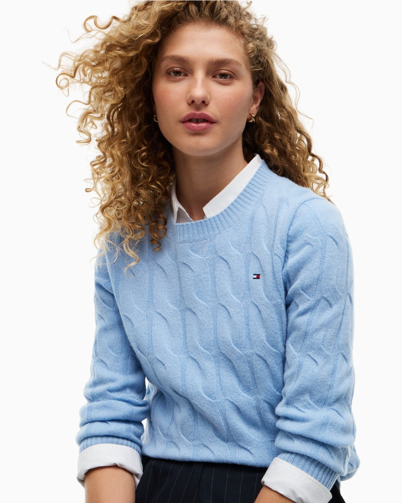 Tommy Hilfiger Pure Soft Wool Cable Knit Jumper in Light Blue neckline detail
