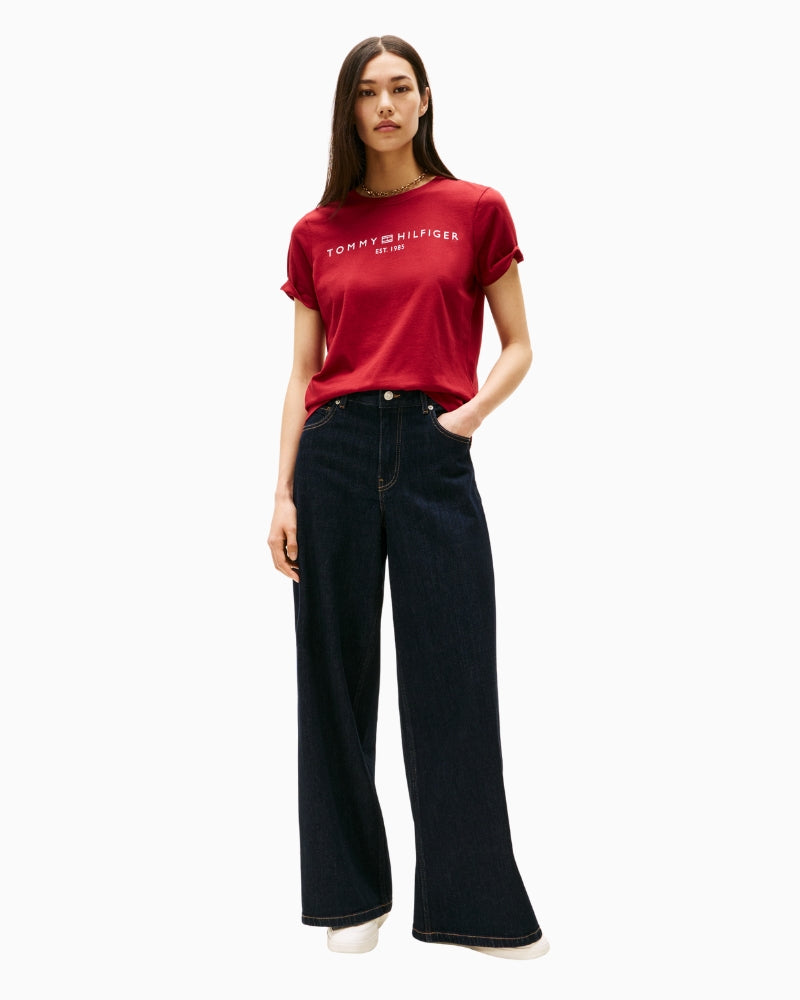 Styled outfit featuring red Tommy tee