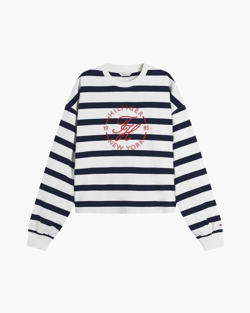 Tommy Hilfiger Roundal Relaxed Long Sleeve T-Shirt in ecru and navy stripe front view