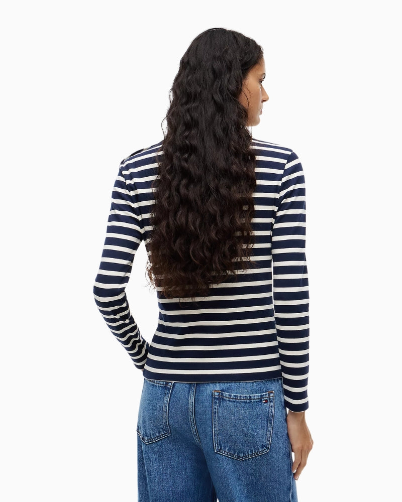 Tommy Hilfiger Script Slim Gold Long Sleeve T-Shirt in Navy Stripe back view