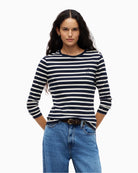 Tommy Hilfiger Script Slim Gold Long Sleeve T-Shirt in Navy Stripe front view