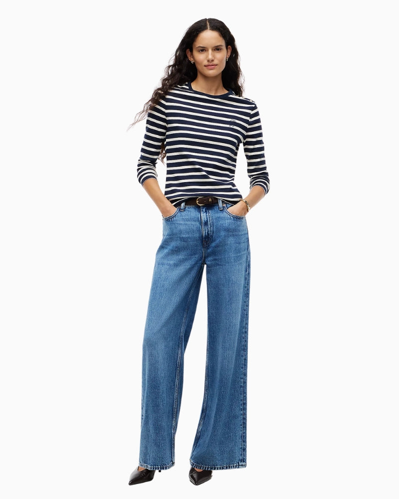 Tommy Hilfiger Script Slim Gold Long Sleeve T-Shirt in Navy Stripe styled view