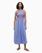 Tommy Hilfiger Smocked Stripe Sleeveless Midi Dress in blue front view