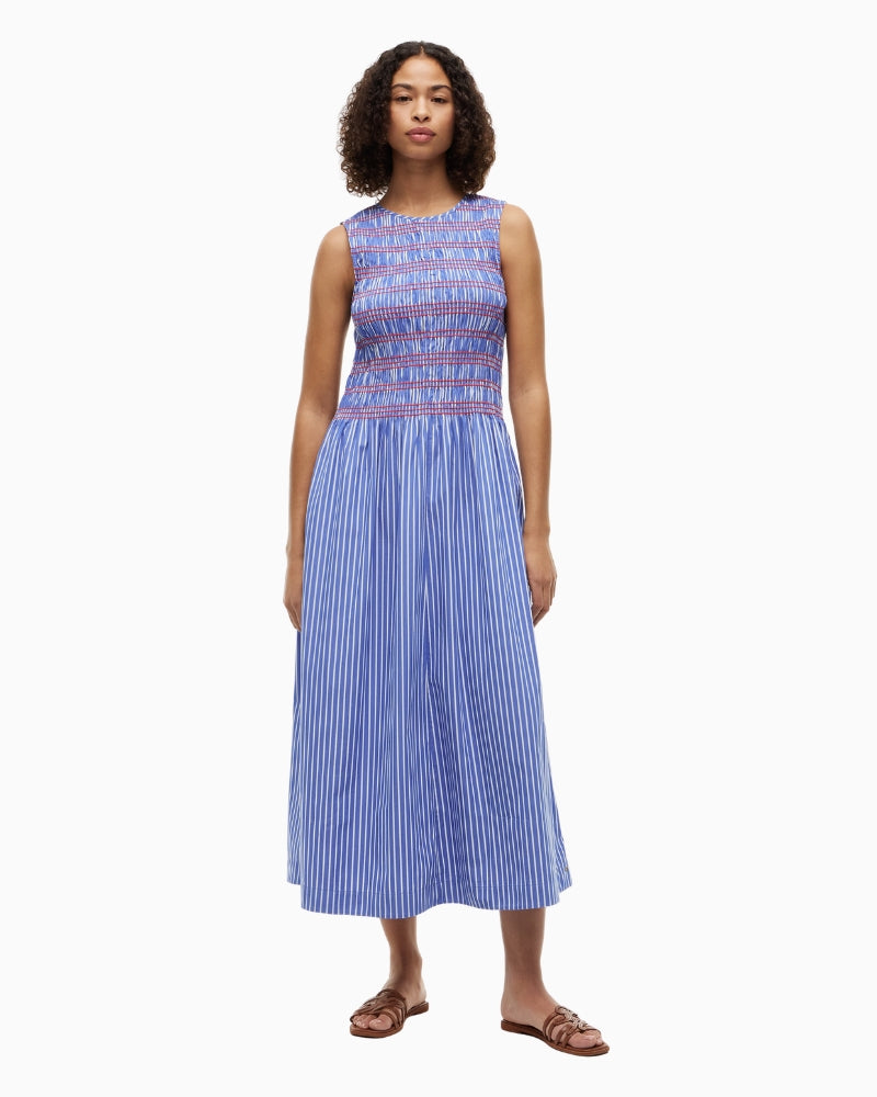 Tommy Hilfiger Smocked Stripe Sleeveless Midi Dress in blue front view