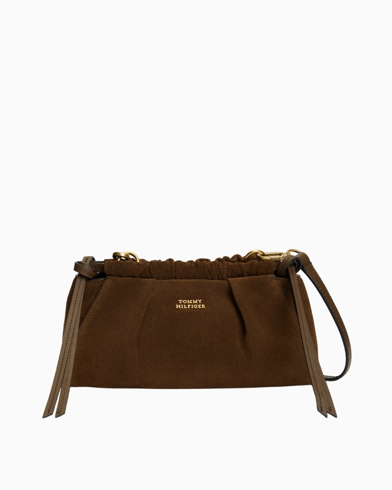 Tommy Hilfiger Soft Leather Mini Crossover Sued Bag in Brown front view
