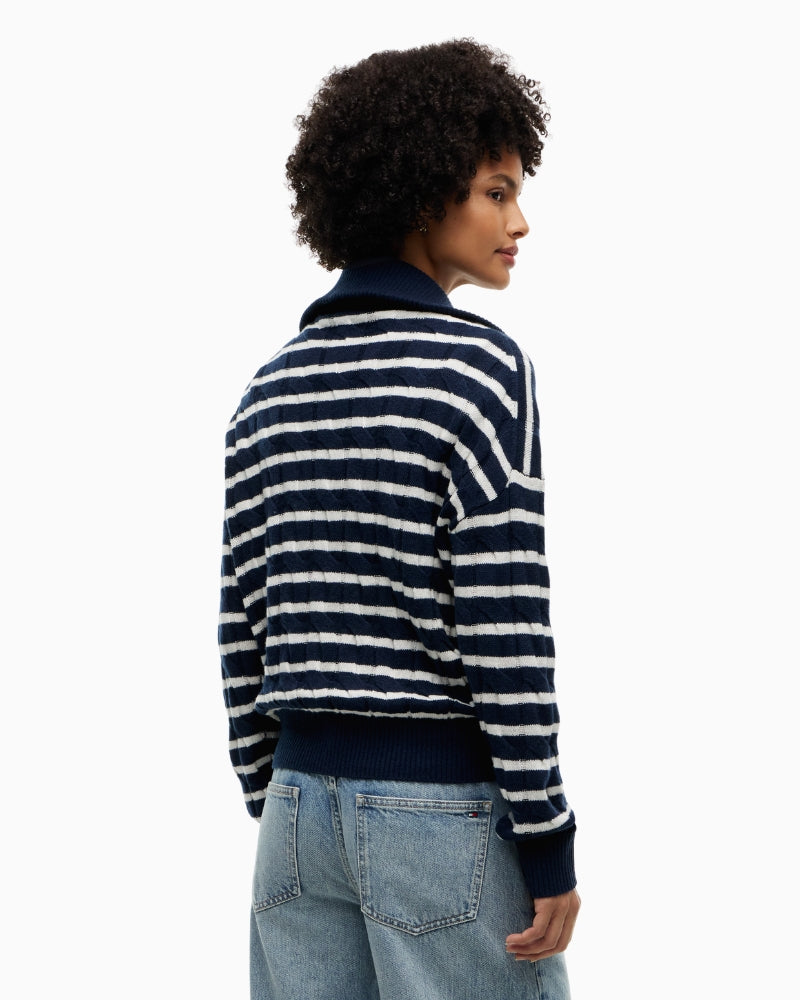Tommy Hilfiger Soft Wool Cable 1/2 Zip Sweater in Navy Stripe back view