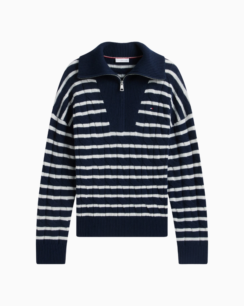Tommy Hilfiger Soft Wool Cable 1/2 Zip Sweater in Navy Stripe cable knit detail