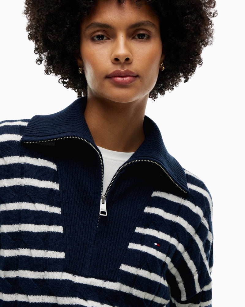 Tommy Hilfiger Soft Wool Cable 1/2 Zip Sweater in Navy Stripe collar detail