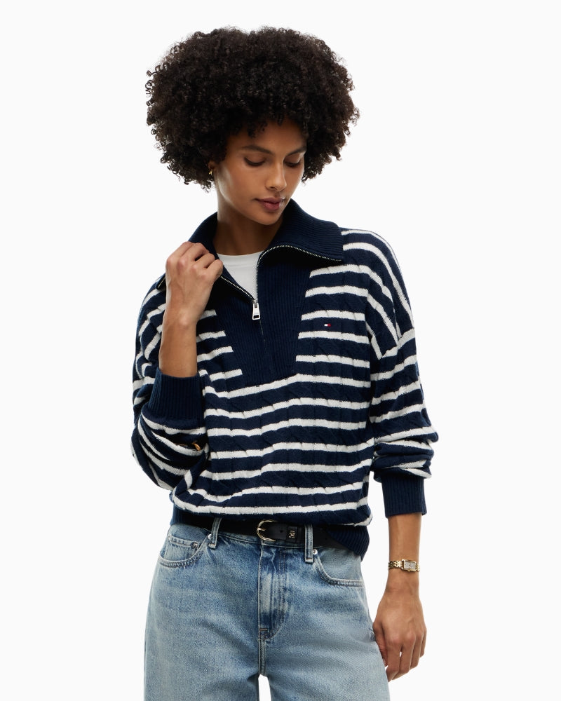 Tommy Hilfiger Soft Wool Cable 1/2 Zip Sweater in Navy Stripe front view
