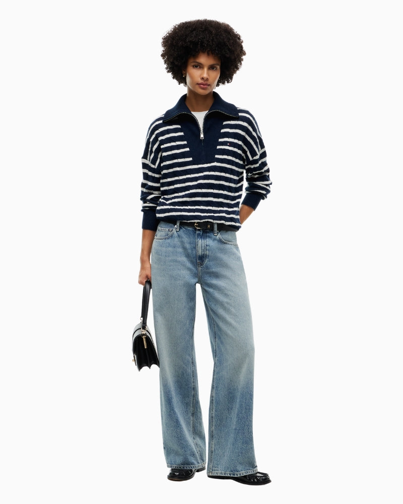 Tommy Hilfiger Soft Wool Cable 1/2 Zip Sweater in Navy Stripe styled view