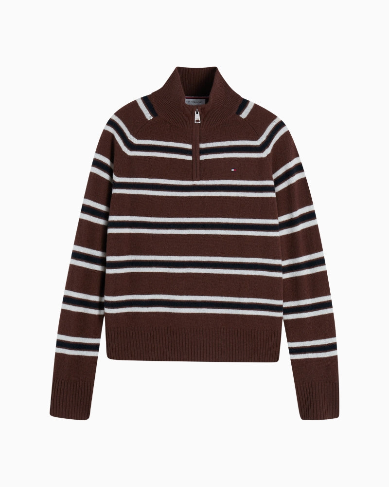 Tommy Hilfiger Soft Wool Jersey Regular Zip Sweater in Brown knit texture detail