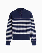 Close-up showing the fine cotton knit texture and navy stripe pattern