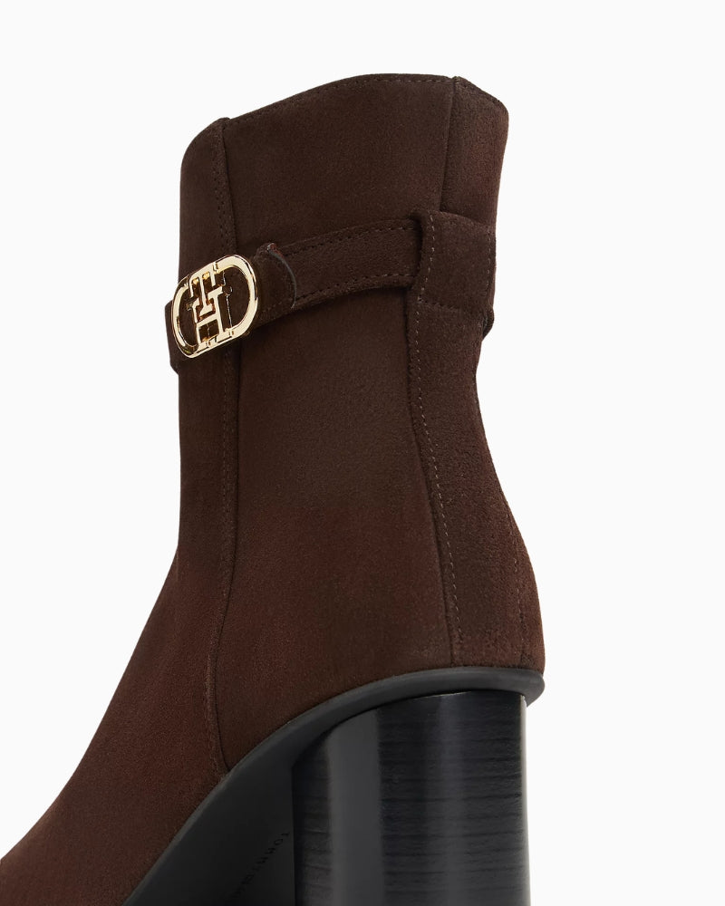 Tommy Hilfiger Suede Buckle Strap Block Heel Ankle Boots in Brown buckle detail