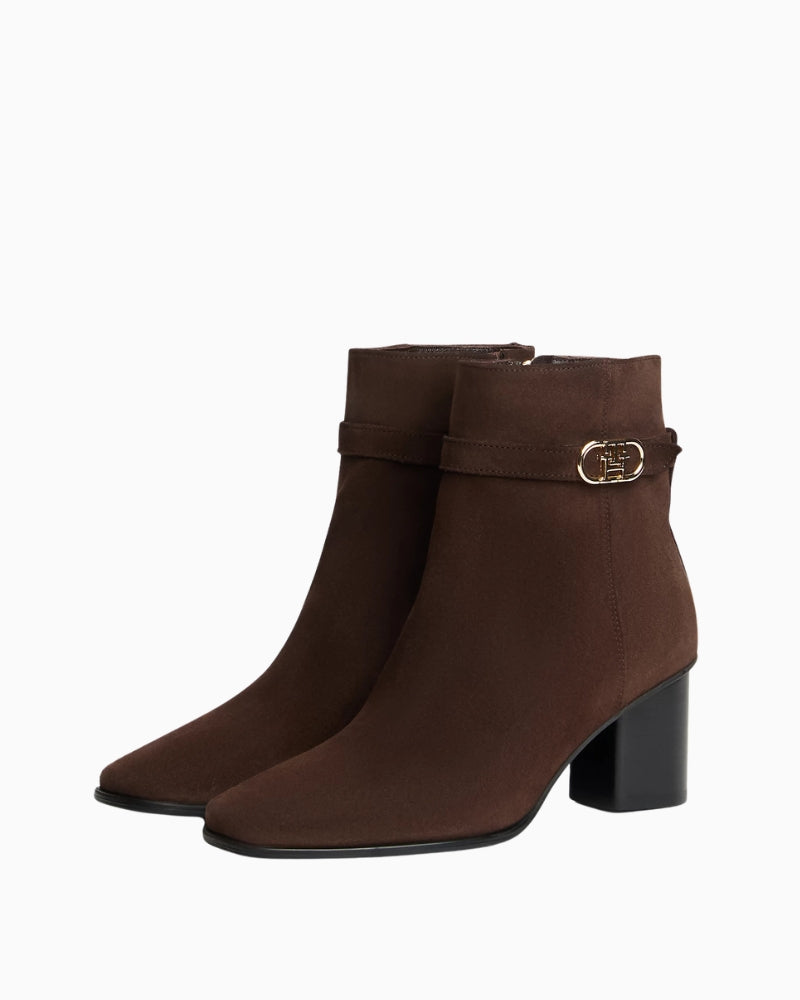 Tommy Hilfiger Suede Buckle Strap Block Heel Ankle Boots in Brown front view