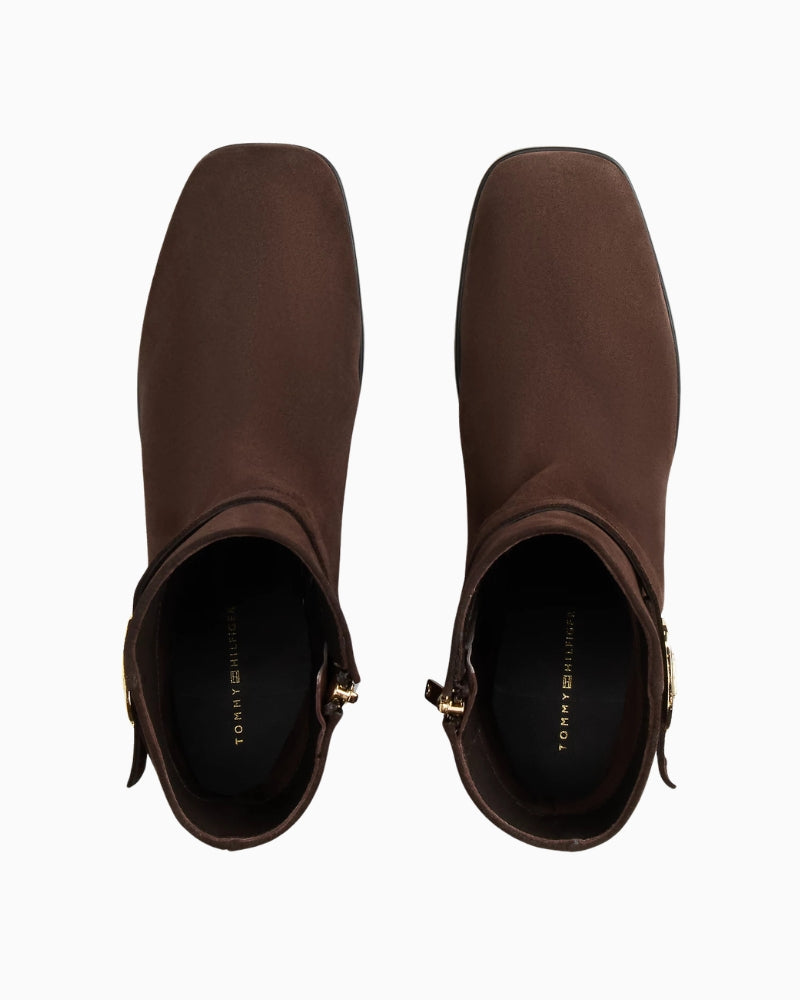 Tommy Hilfiger Suede Buckle Strap Block Heel Ankle Boots in Brown top view