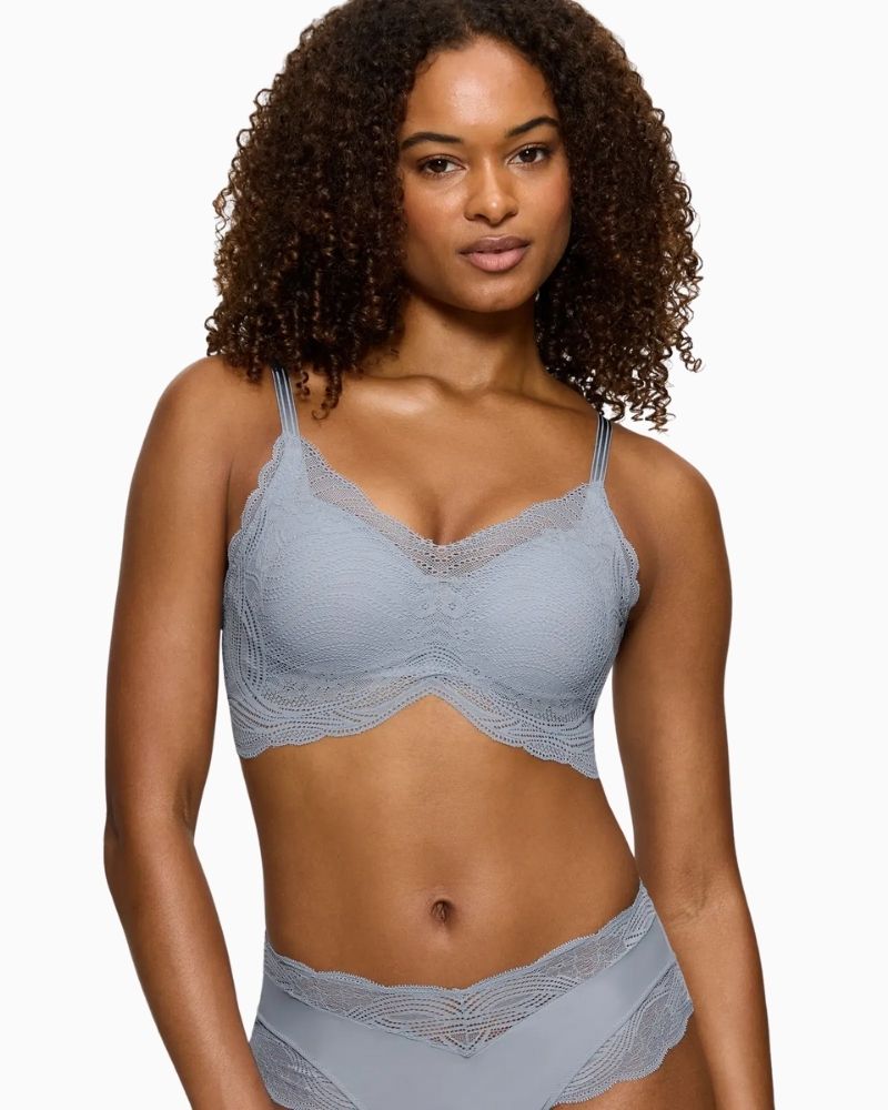 Close-up of Triumph seamless lace bra showing supportive 4D stretch foam cups
