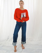 Model wearing TWNS Salida sweater in raccoon wool blend