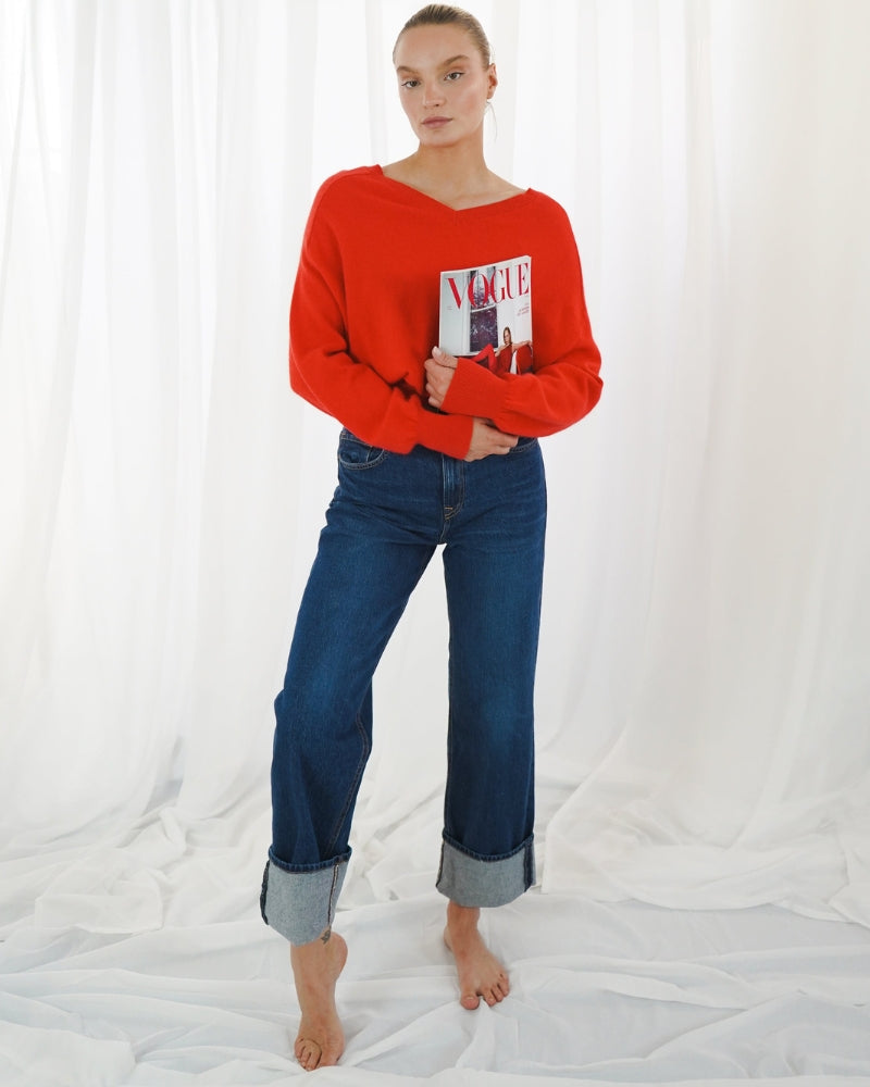 Model wearing TWNS Salida sweater in raccoon wool blend
