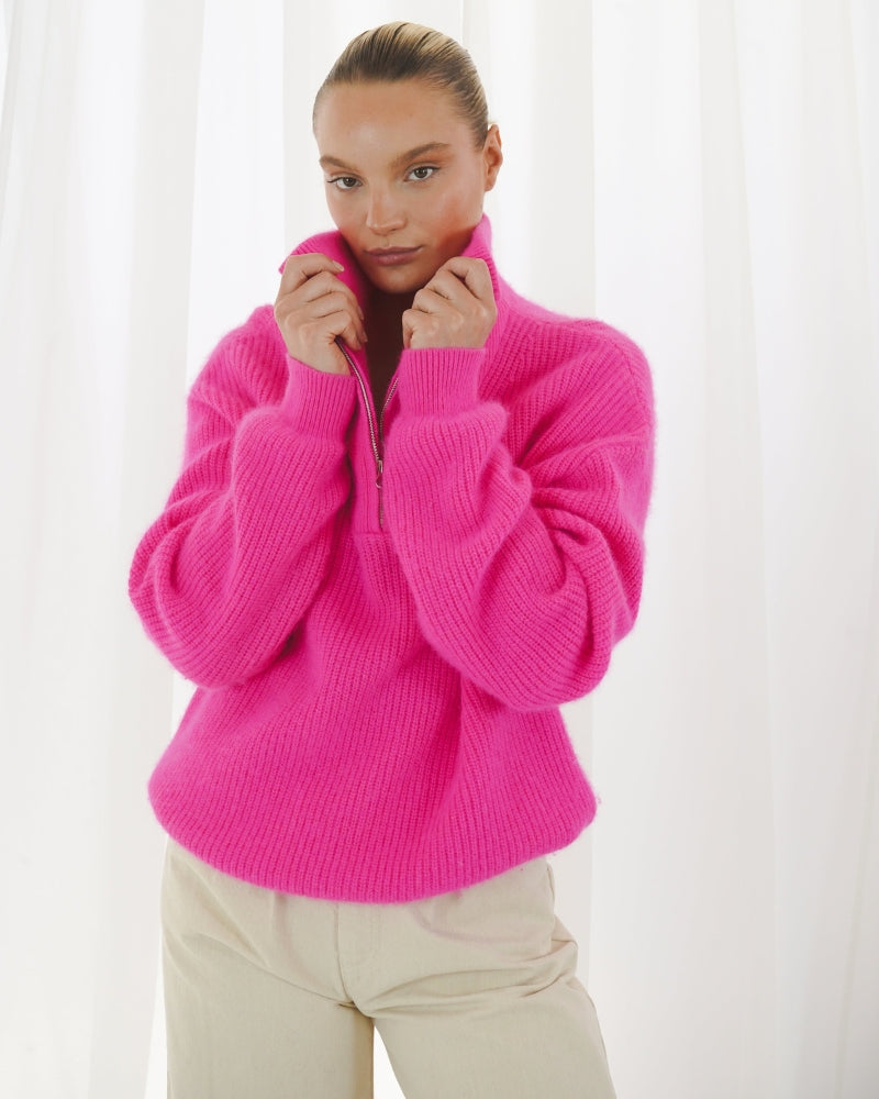 Close-up of raccoon wool knit and zip detail in vibrant colour