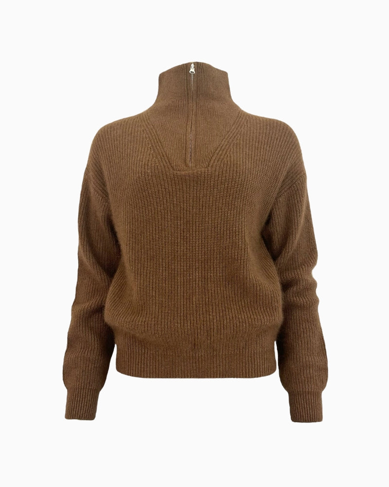 Front view of TWNS Breckenridge zip knit in brown with trucker collar