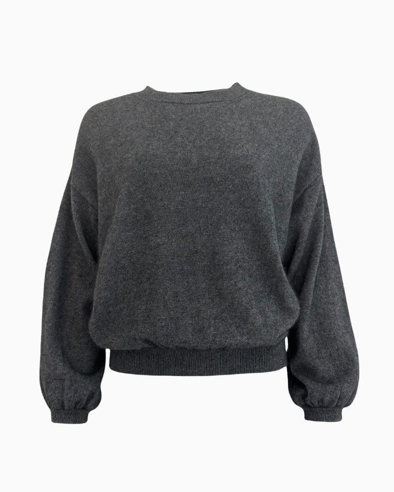 Front view of TWNS Colorado knit in grey with round neck and puff sleeves